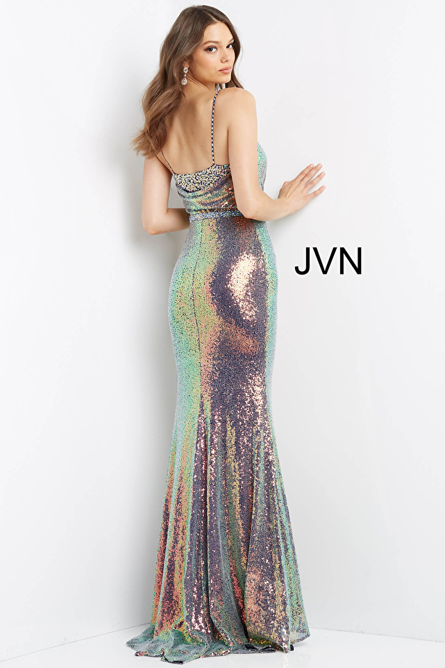 JVN06391 Navy Iridescent Sequin V Neck Prom Dress